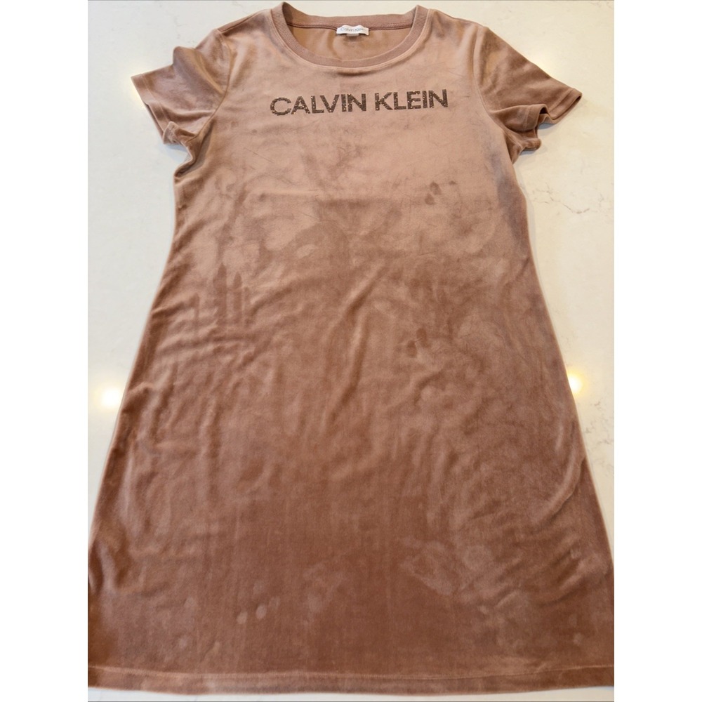 CALVIN KLEIN Velour Velvet‎ Short Sleeve T-shirt Bling Logo Party Dress Womens L